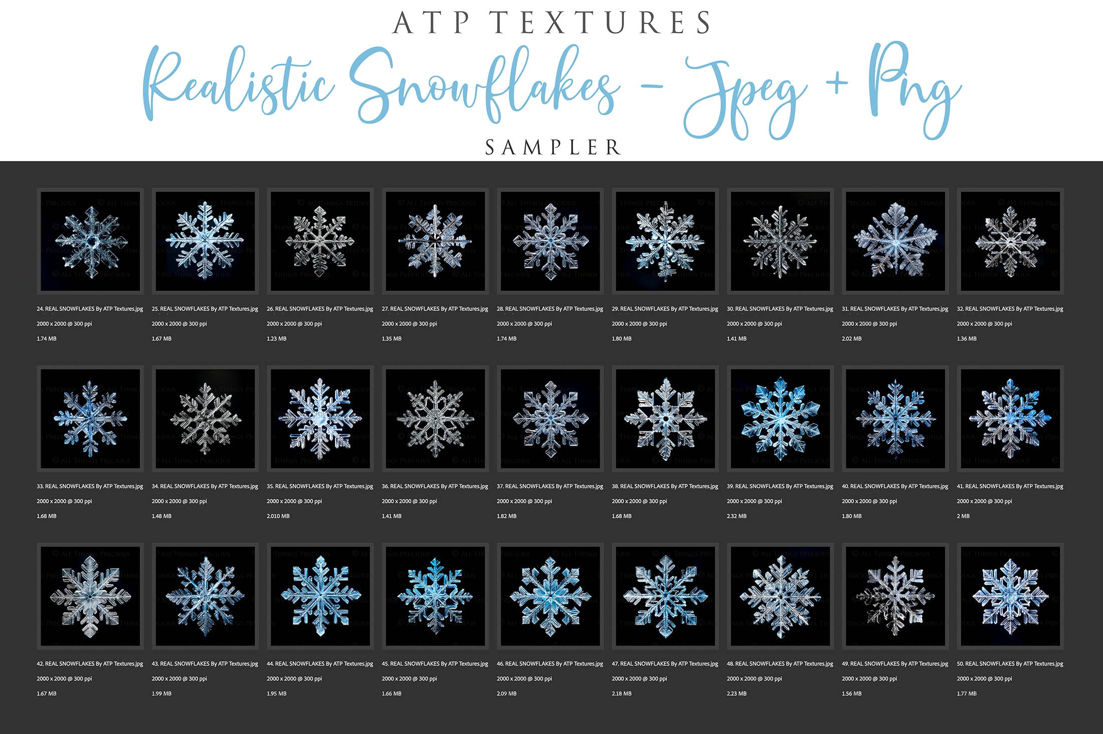 Real Snowflake Overlays & Brushes! A gorgeous addition to your beautiful photography, scrapbooking or digital art work! This set includes 60 Png Overlays 60 Jpeg Overlays 80 Photoshop brushes Instructions are included. All PNG overlays are 300dpi in high resolution.